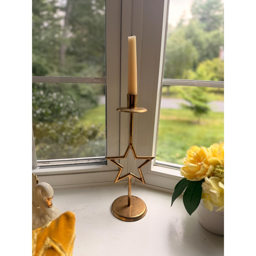 Vintage Brass Star Candlestick Holder, Mid Century Modern Taper Candle Holder, M